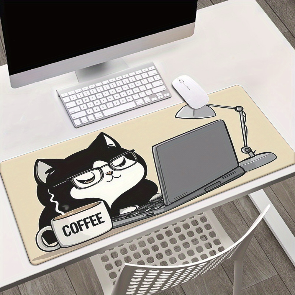 Laptop Accessories Officeworks - แมวกาแฟสุดน่ารักทำงานบนแผ่นรองโต๊ะแล็ปท็อป แผ่นรองเมาส์เกมมิ่งยางนุ่ม อุปกรณ์สำนักงาน